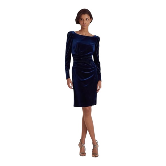 Lauren Ralph Lauren Velvet Ruched Boatneck Midi Dress Navy | NWT | Size 0 - Picture 2 of 7